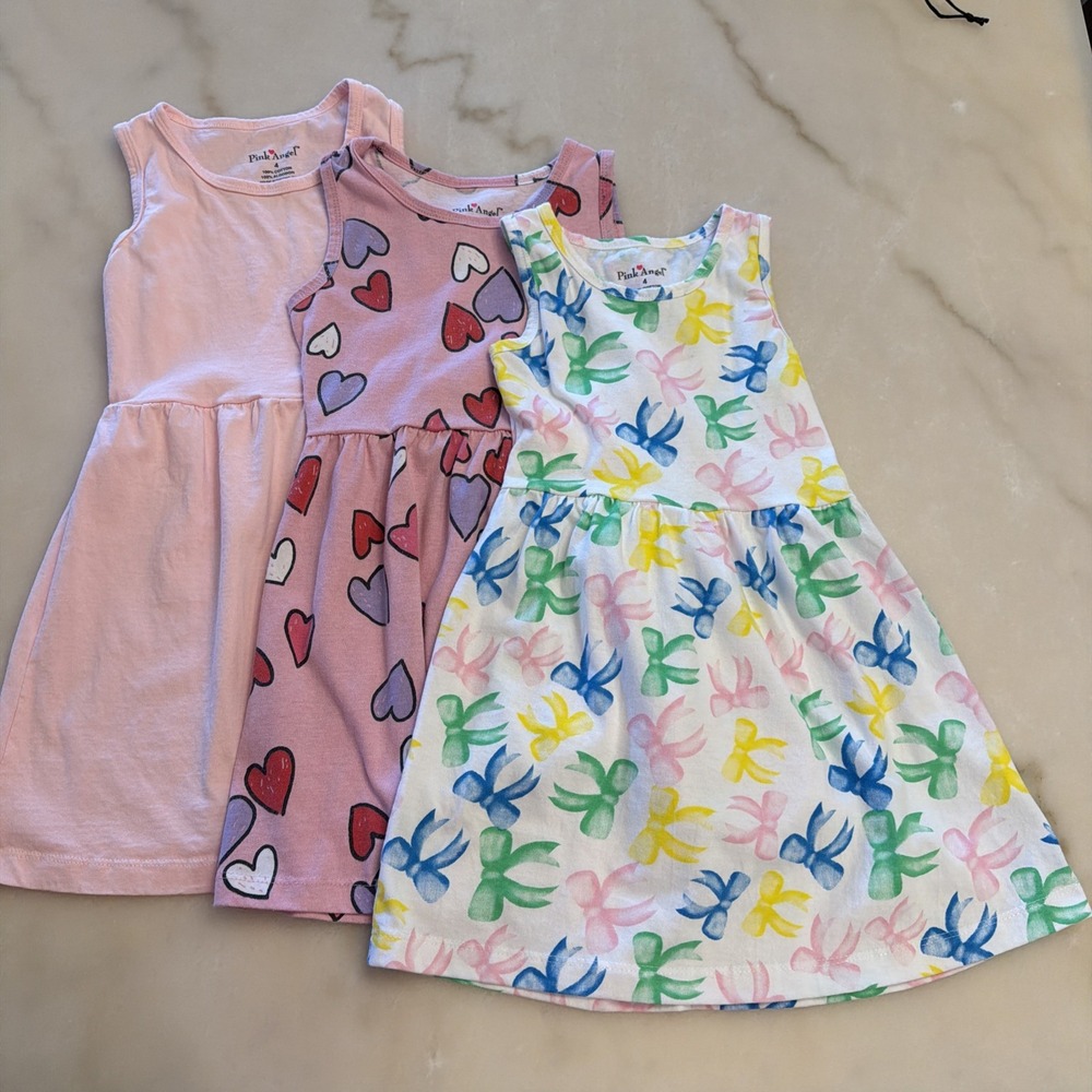 Lot of 3 Pink Angel Sleeveless Cotton Sun Dresses Size 4- Bows, Pink, Hearts